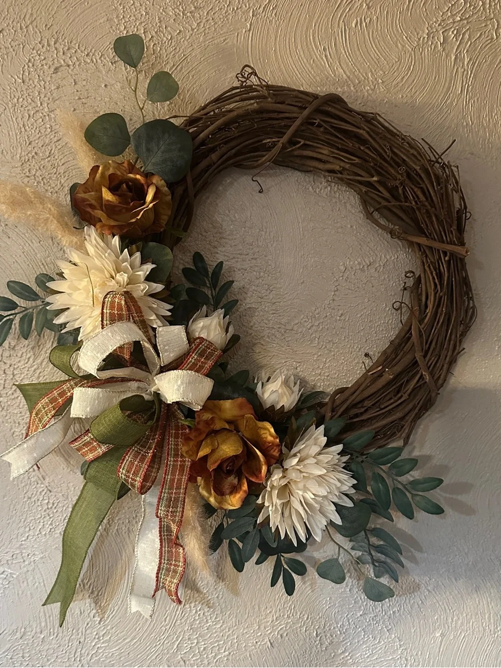 Autumn Grapevine Wreath with Rust Roses, Cream Mums & Eucalyptus 17–18” Fall